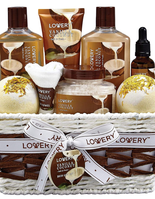 Load image into Gallery viewer, Luxury Spa Gift Basket for Women – 9pc Vanilla Coconut Self Care Set (FREE Can Glass Cups with Lids and Straws)
