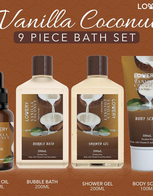 Load image into Gallery viewer, Luxury Spa Gift Basket for Women – 9pc Vanilla Coconut Self Care Set (FREE Can Glass Cups with Lids and Straws)
