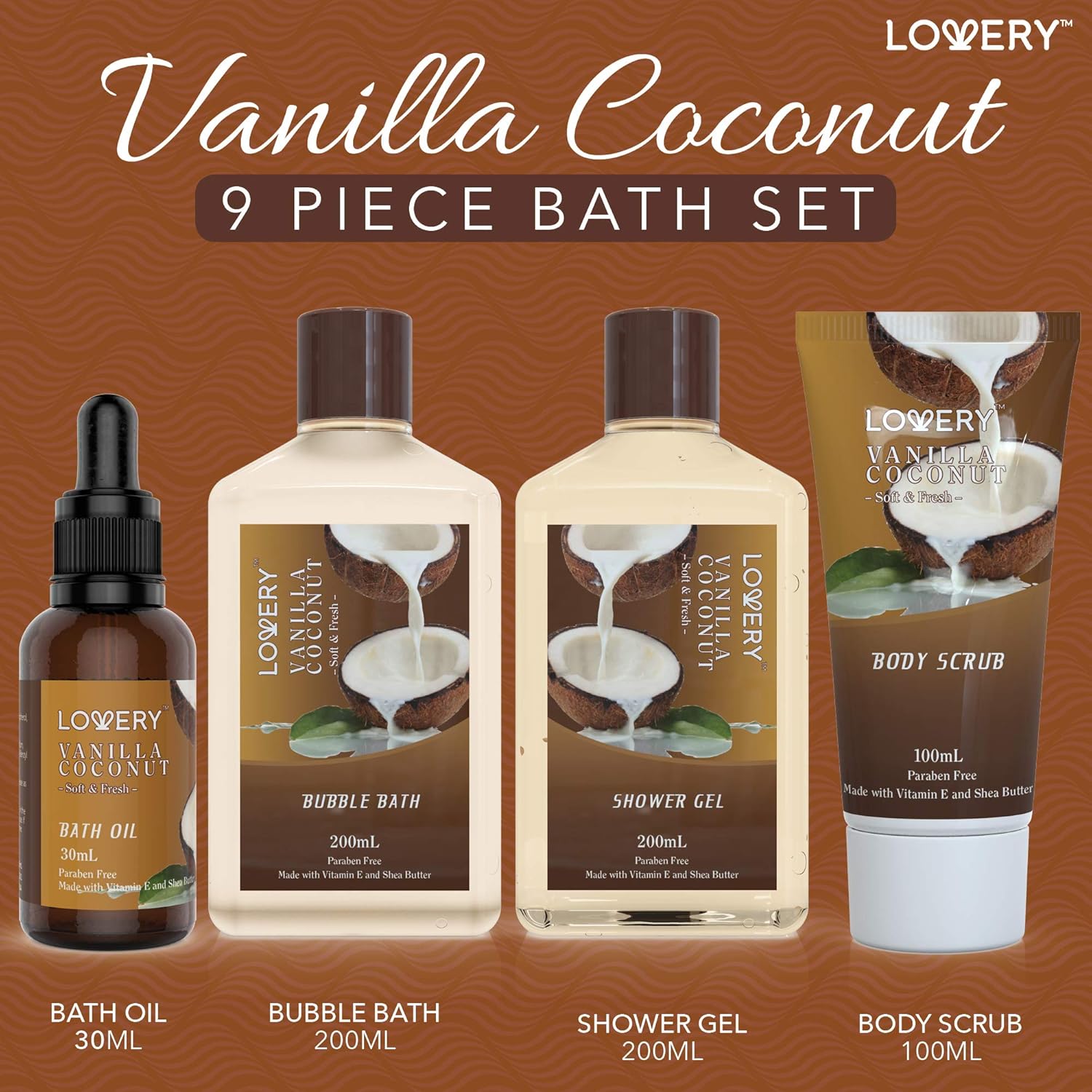 Luxury Spa Gift Basket for Women – 9pc Vanilla Coconut Self Care Set (FREE Can Glass Cups with Lids and Straws)