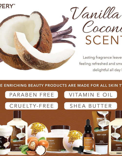 Load image into Gallery viewer, Luxury Spa Gift Basket for Women – 9pc Vanilla Coconut Self Care Set (FREE Can Glass Cups with Lids and Straws)
