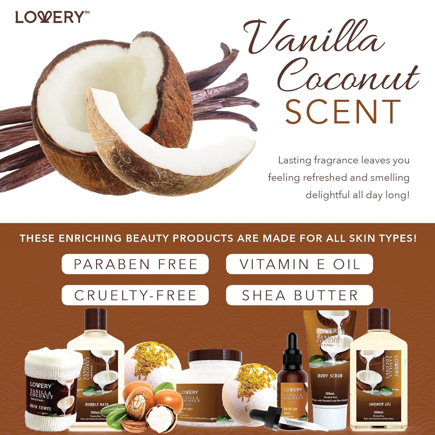 Luxury Spa Gift Basket for Women – 9pc Vanilla Coconut Self Care Set (FREE Can Glass Cups with Lids and Straws)