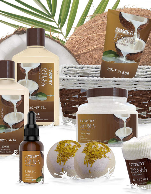 Load image into Gallery viewer, Luxury Spa Gift Basket for Women – 9pc Vanilla Coconut Self Care Set (FREE Can Glass Cups with Lids and Straws)

