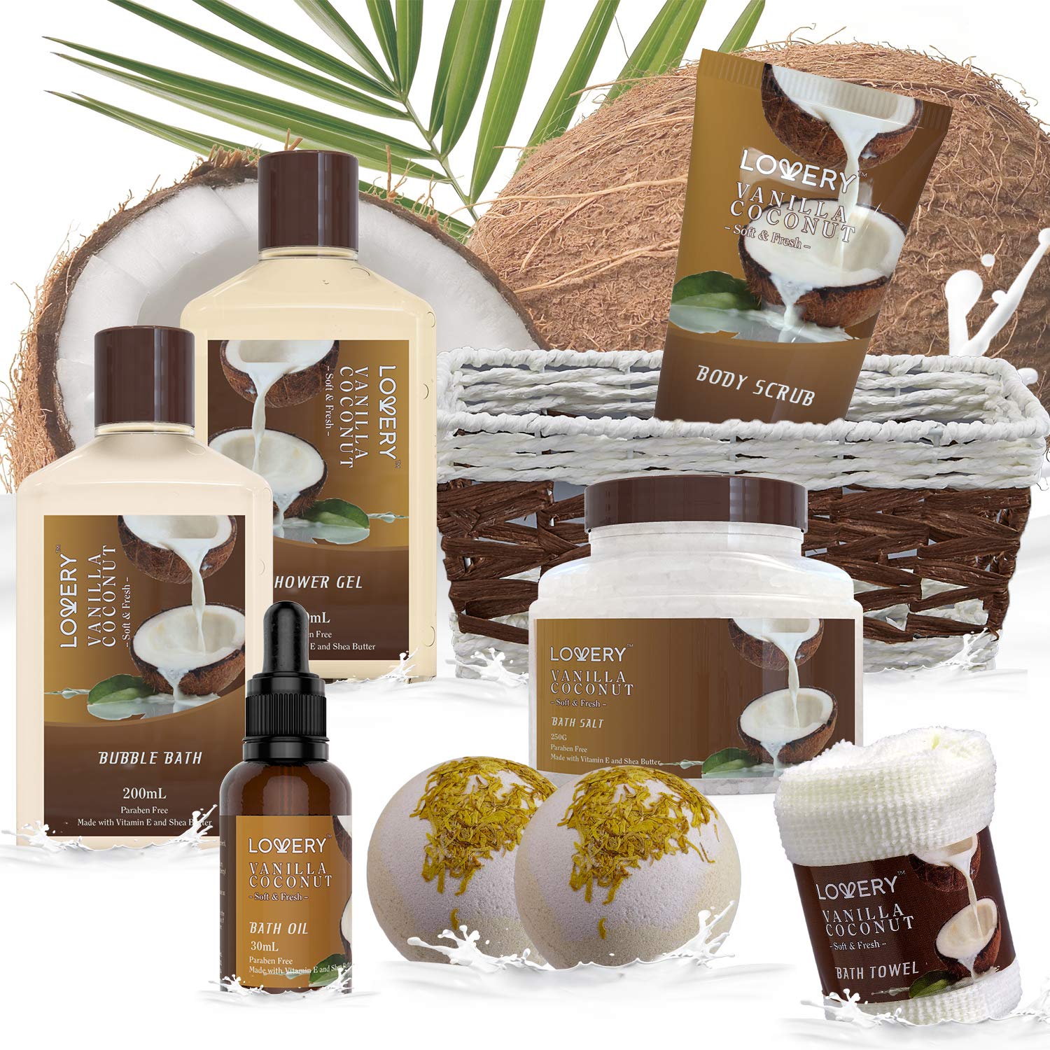 Luxury Spa Gift Basket for Women – 9pc Vanilla Coconut Self Care Set (FREE Can Glass Cups with Lids and Straws)