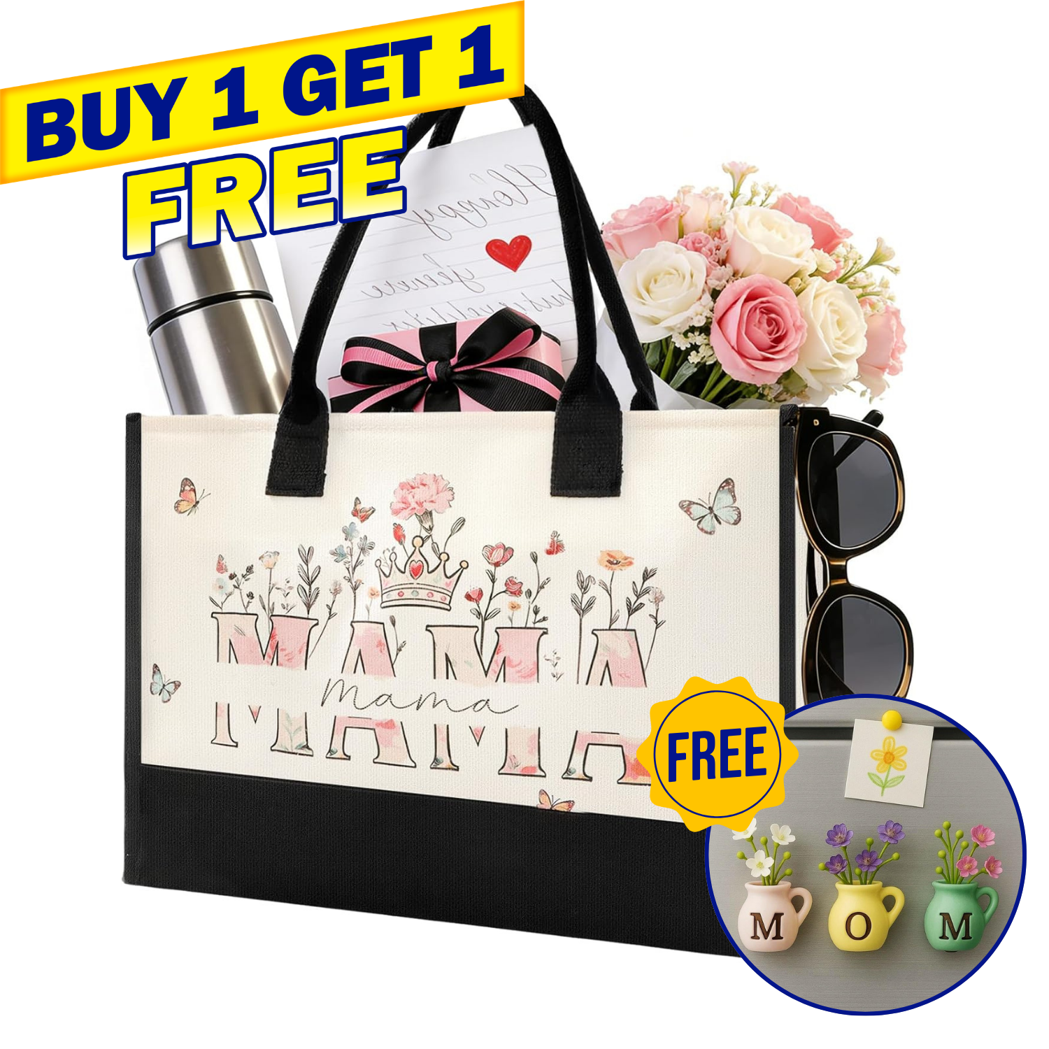 Mother’s Day Tote Bag for Mom – Floral Canvas Beach Bag ( Free Fridge Magnets )