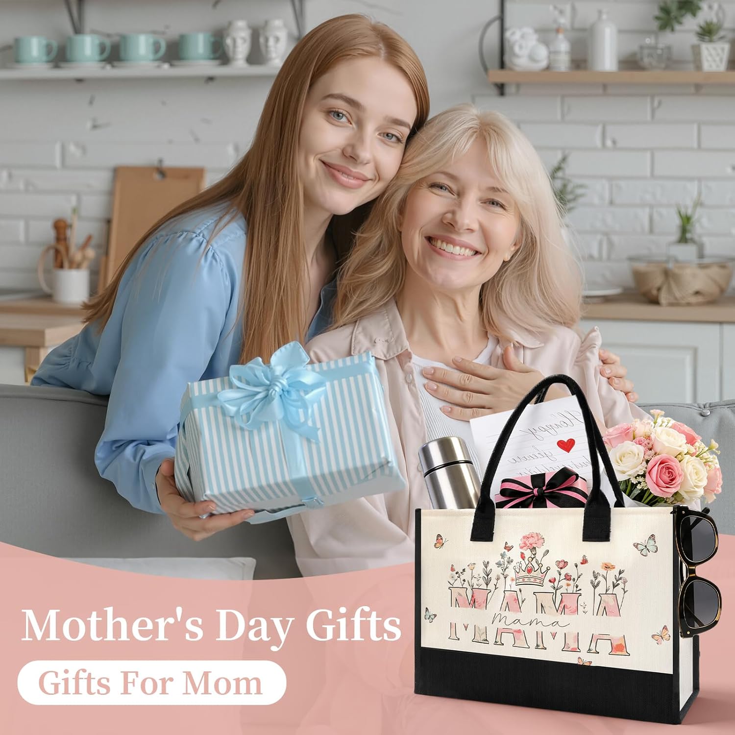 Mother’s Day Tote Bag for Mom – Floral Canvas Beach Bag ( Free Fridge Magnets )