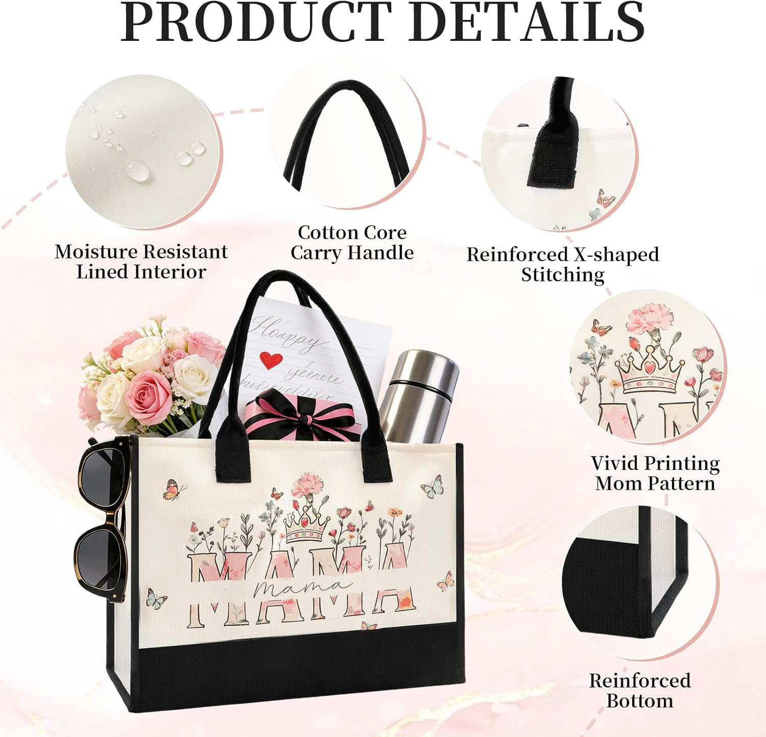 Mother’s Day Tote Bag for Mom – Floral Canvas Beach Bag ( Free Fridge Magnets )