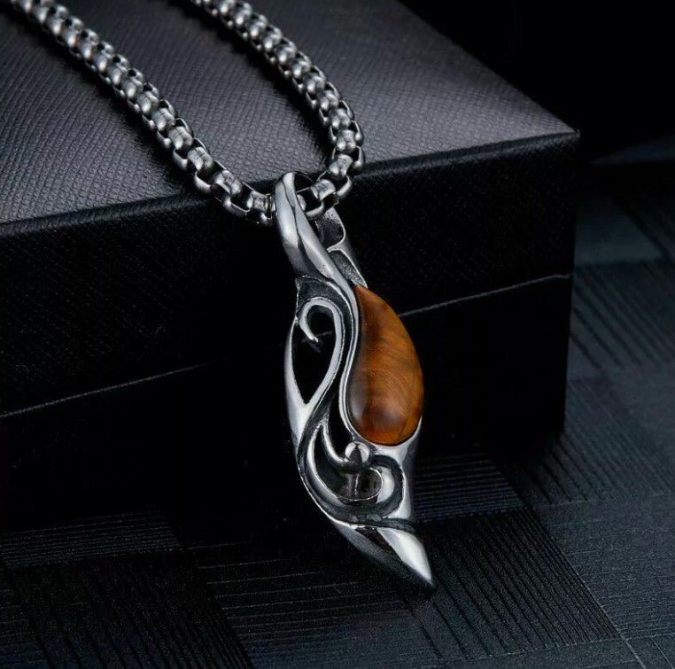 Cool Mens Tiger Eye Stone Pendant Necklace Stainless Steel Men Vintage Gift