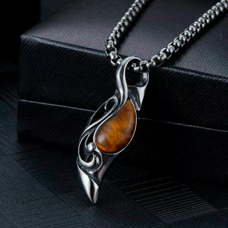 Cool Mens Tiger Eye Stone Pendant Necklace Stainless Steel Men Vintage Gift