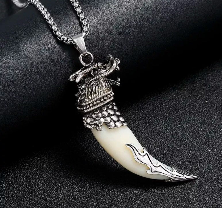 Men's Fashion Jewelry Silver Viking Dragon Ivory Pendant Necklace