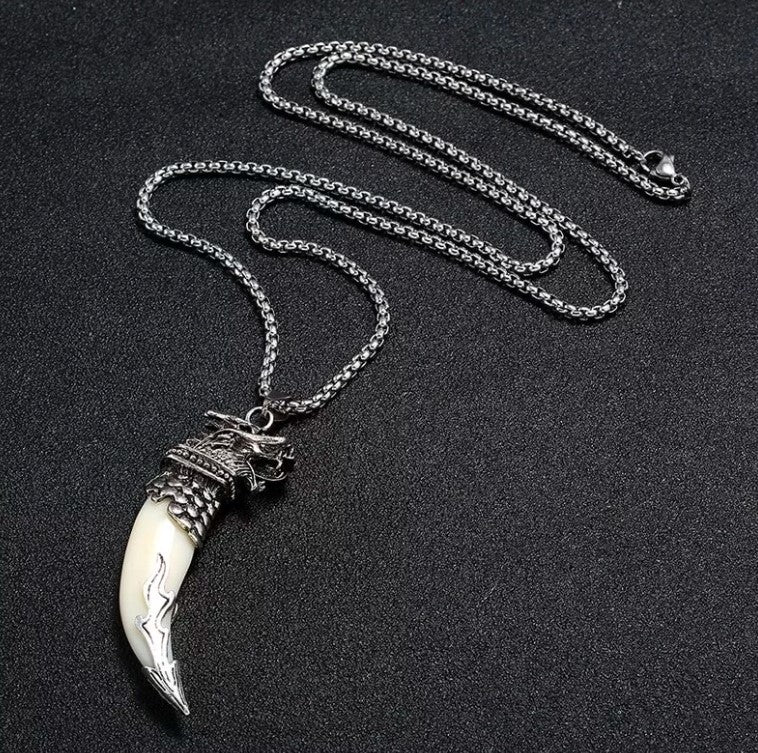 Men's Fashion Jewelry Silver Viking Dragon Ivory Pendant Necklace