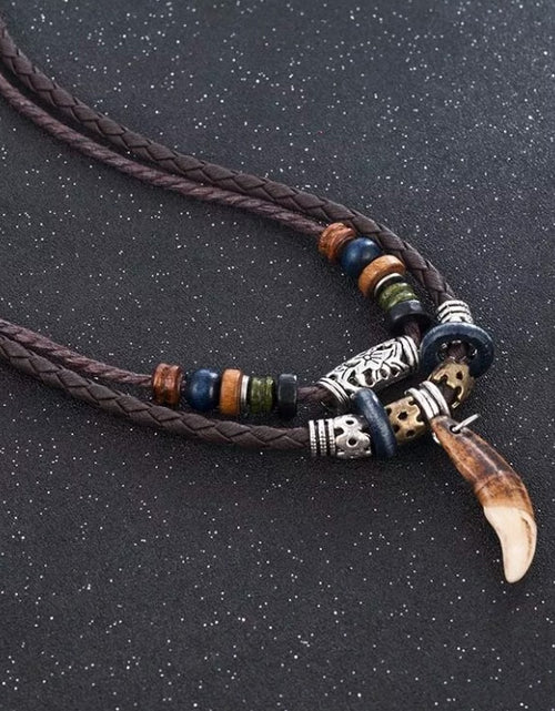 Load image into Gallery viewer, Men&#39;s Fashion Jewelry Brown Leather Beaded Weave Rope Tooth Pendant Necklace
