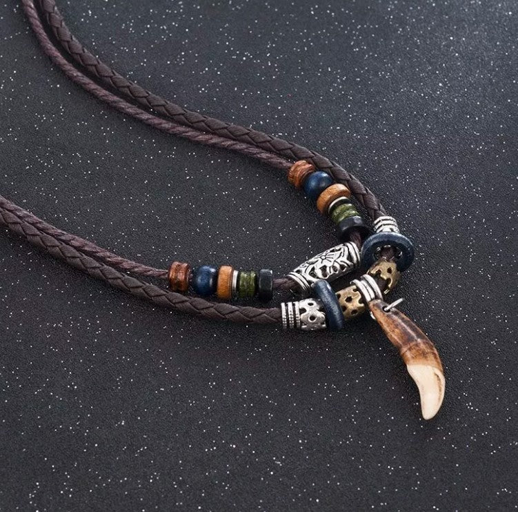 Men's Fashion Jewelry Brown Leather Beaded Weave Rope Tooth Pendant Necklace