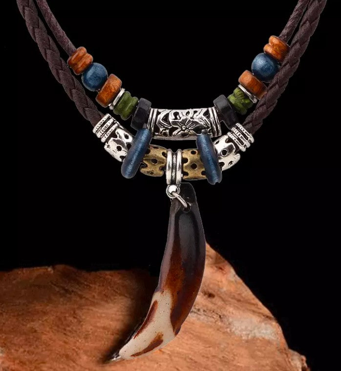 Men's Fashion Jewelry Brown Leather Beaded Weave Rope Tooth Pendant Necklace