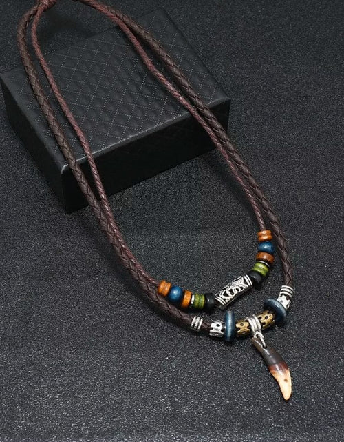 Load image into Gallery viewer, Men&#39;s Fashion Jewelry Brown Leather Beaded Weave Rope Tooth Pendant Necklace
