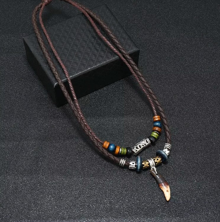Men's Fashion Jewelry Brown Leather Beaded Weave Rope Tooth Pendant Necklace