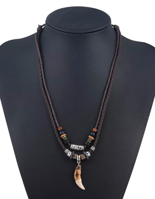 Load image into Gallery viewer, Men&#39;s Fashion Jewelry Brown Leather Beaded Weave Rope Tooth Pendant Necklace
