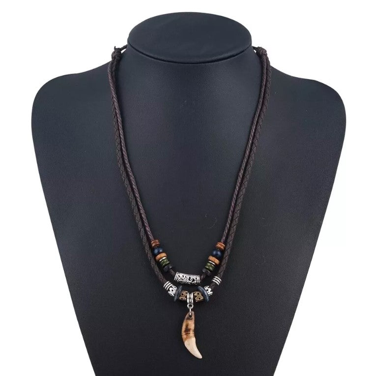 Men's Fashion Jewelry Brown Leather Beaded Weave Rope Tooth Pendant Necklace