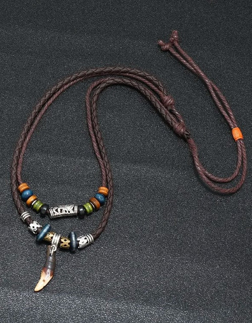 Load image into Gallery viewer, Men&#39;s Fashion Jewelry Brown Leather Beaded Weave Rope Tooth Pendant Necklace
