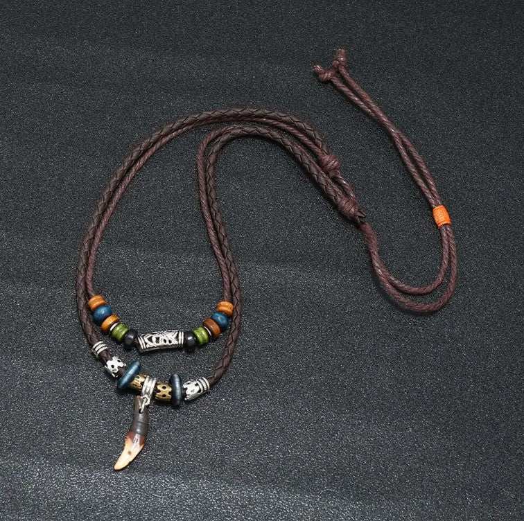 Men's Fashion Jewelry Brown Leather Beaded Weave Rope Tooth Pendant Necklace