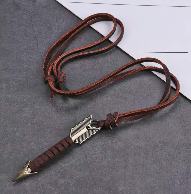 Men's Fashion Jewelry Vintage Brown Leather Arrow Pendant Necklace