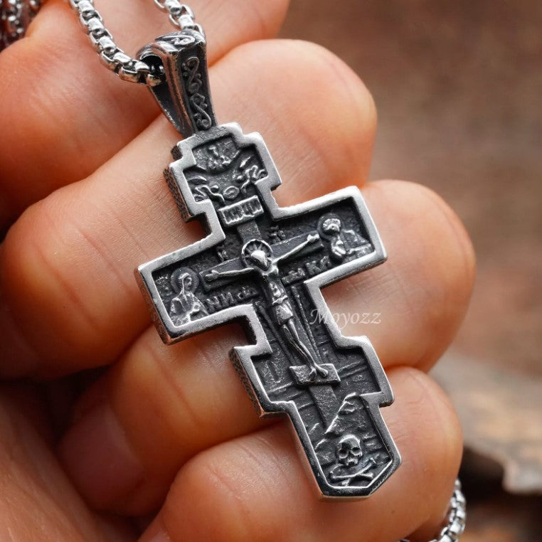 Mens Russian Orthodox Crucifix Cross Pendant Necklace Stainless Steel Men Gift