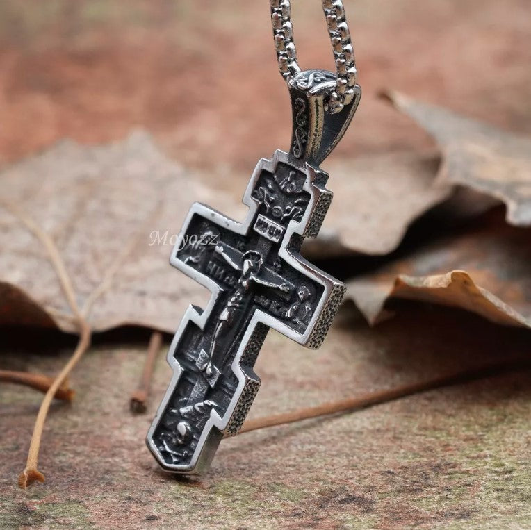 Mens Russian Orthodox Crucifix Cross Pendant Necklace Stainless Steel Men Gift