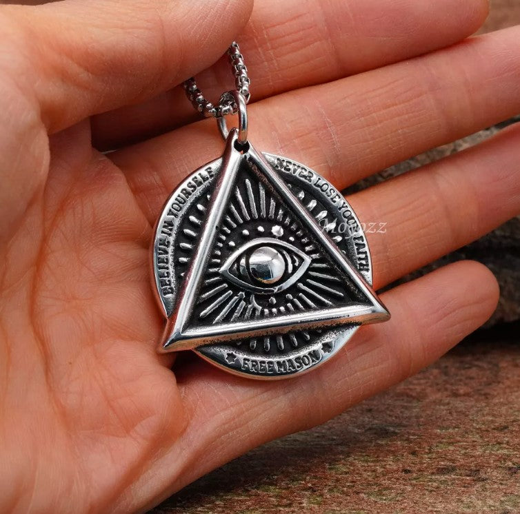 Mens Illuminati Masonic All Seeing Eye Pendant Necklace Stainless Steel Gift