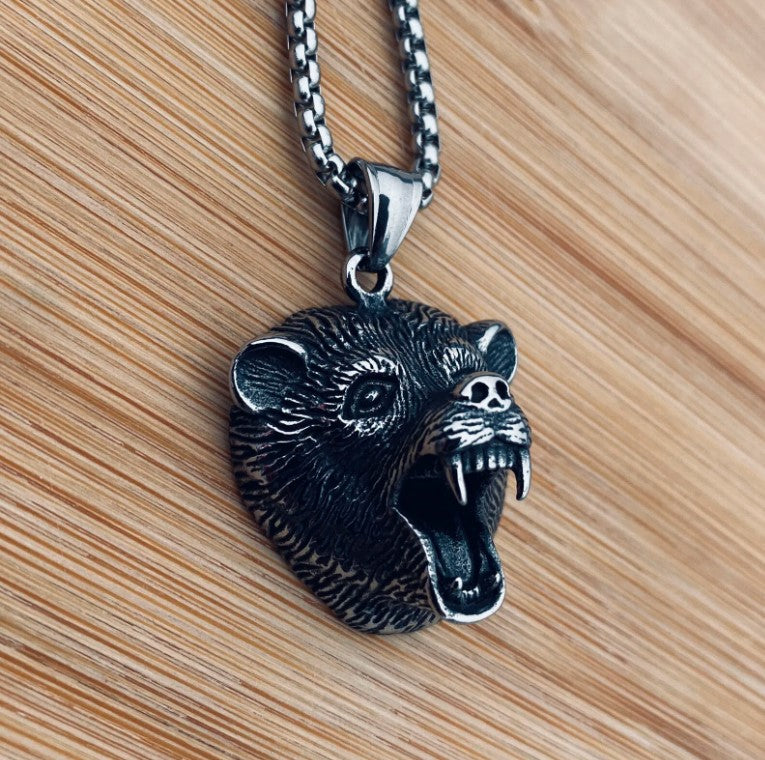 Mens Vintage Stainless Steel Grizzly Bear Head Claw Pendant Necklace Men