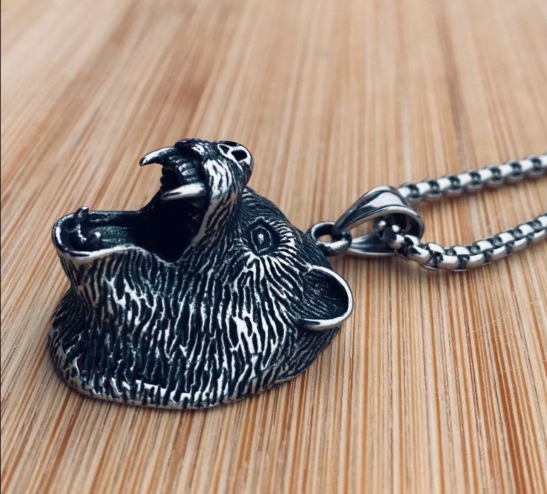 Mens Vintage Stainless Steel Grizzly Bear Head Claw Pendant Necklace Men