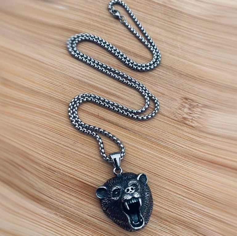 Mens Vintage Stainless Steel Grizzly Bear Head Claw Pendant Necklace Men