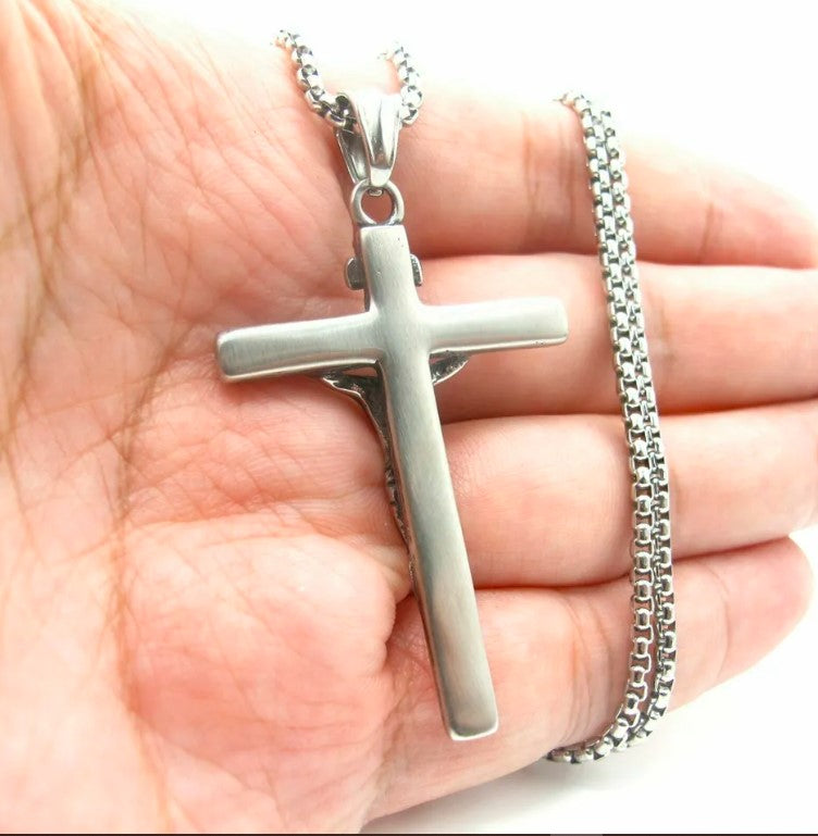 Mens Stainless Steel Jesus Christ Crucifix Cross Pendant Necklace For Men Gift