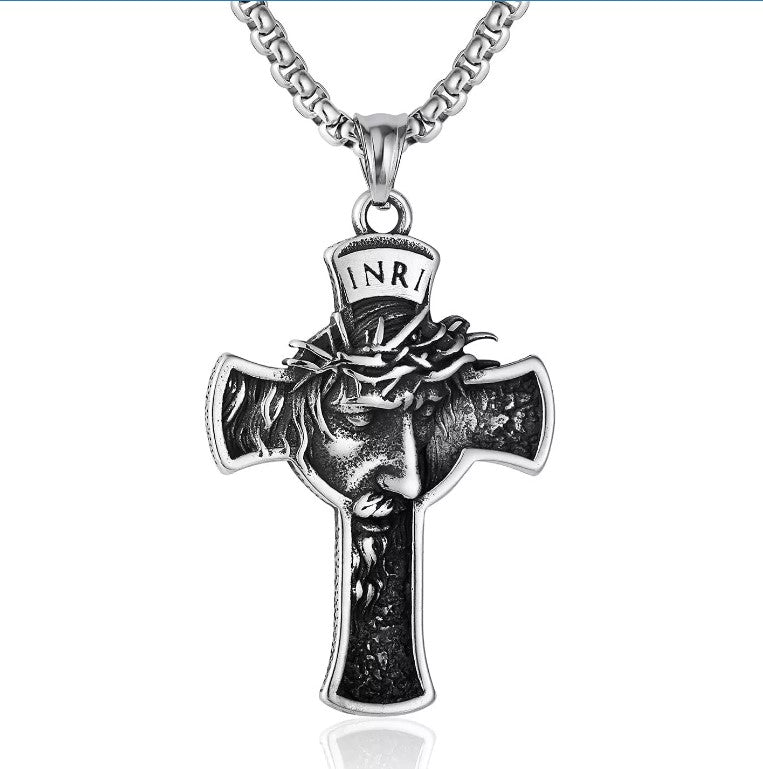 Mens Stainless Steel Jesus Christ Face Crucifix Cross Gothic Pendant Necklace