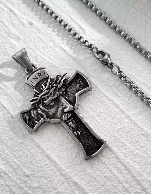 Load image into Gallery viewer, Mens Stainless Steel Jesus Christ Face Crucifix Cross Gothic Pendant Necklace
