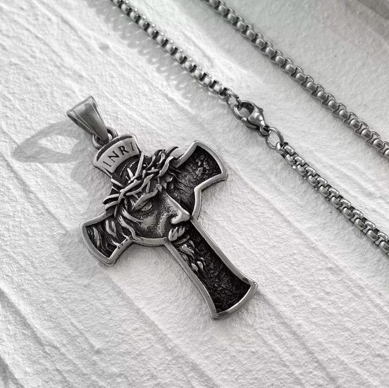 Mens Stainless Steel Jesus Christ Face Crucifix Cross Gothic Pendant Necklace