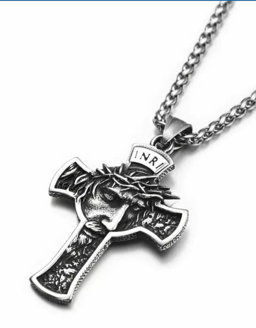 Load image into Gallery viewer, Mens Stainless Steel Jesus Christ Face Crucifix Cross Gothic Pendant Necklace
