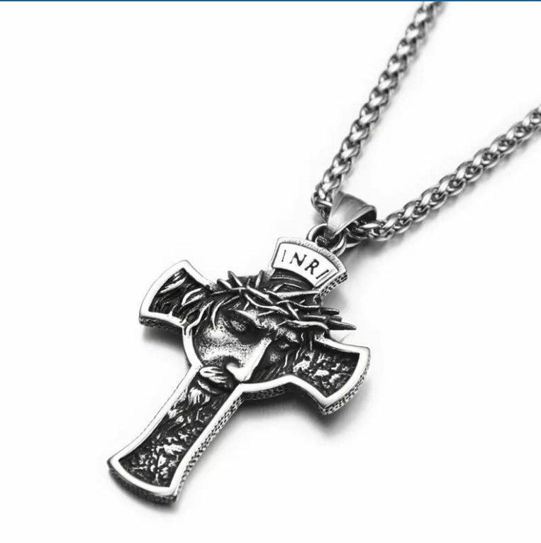 Mens Stainless Steel Jesus Christ Face Crucifix Cross Gothic Pendant Necklace
