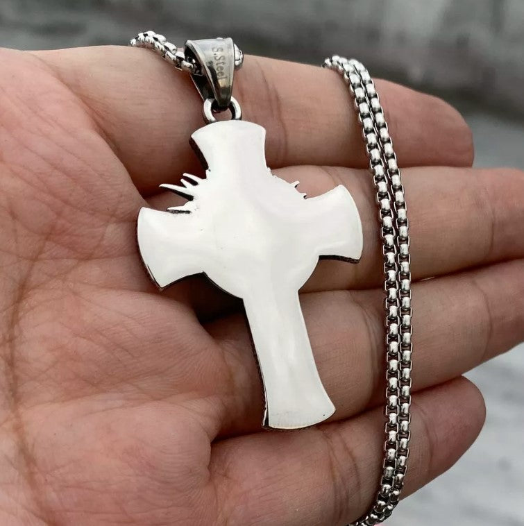 Mens Stainless Steel Jesus Christ Face Crucifix Cross Gothic Pendant Necklace
