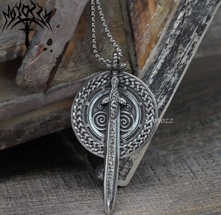 Mens Stainless Steel Nordic Norse Viking Odin Shield Pendant Necklace Men