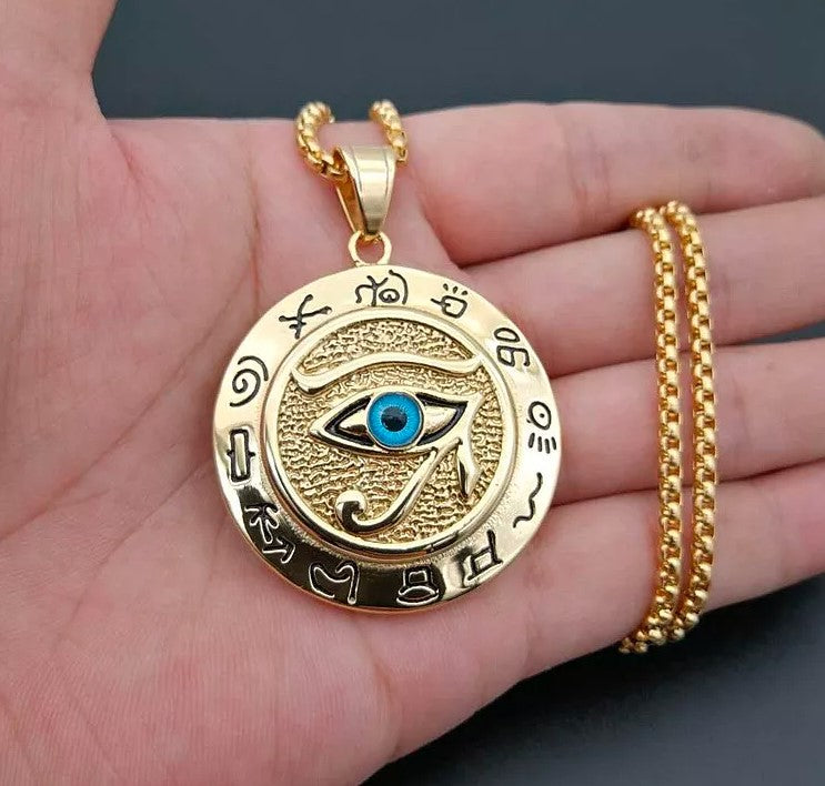 Egyptian Eye of Horus Protection Pendant Gold Stainless Steel Necklace 24"