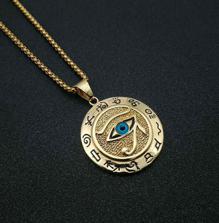 Egyptian Eye of Horus Protection Pendant Gold Stainless Steel Necklace 24"