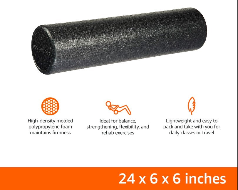 High-Density Round Foam Roller for Exercise, Massage, Muscle Recovery, 24 inches, Black