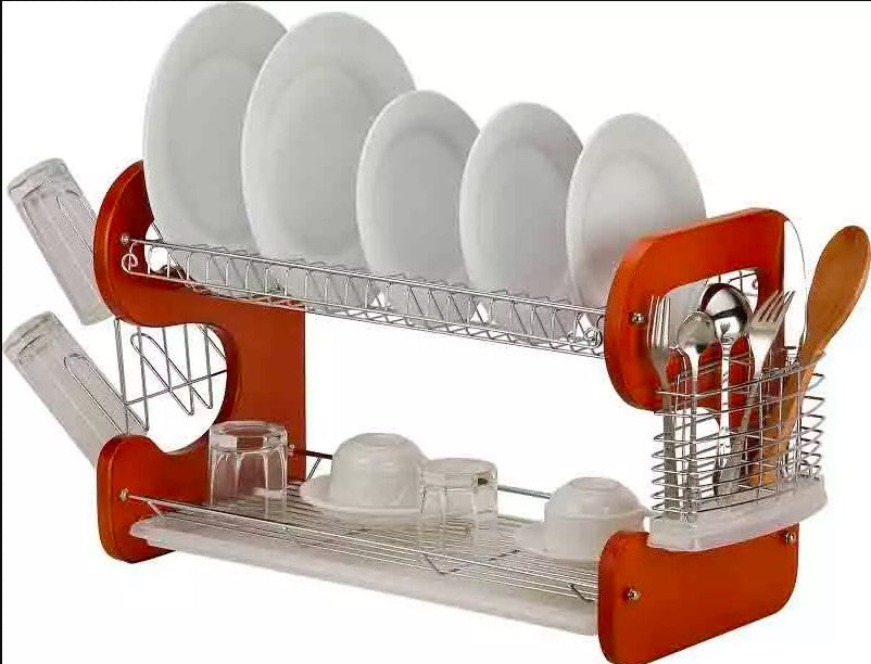 Wood Kitchen Dish Rack With Spoon Fork Holder 2 Tier 22 x 14 x 10 inches