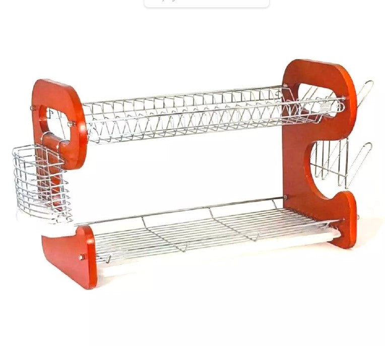 Wood Kitchen Dish Rack With Spoon Fork Holder 2 Tier 22 x 14 x 10 inches