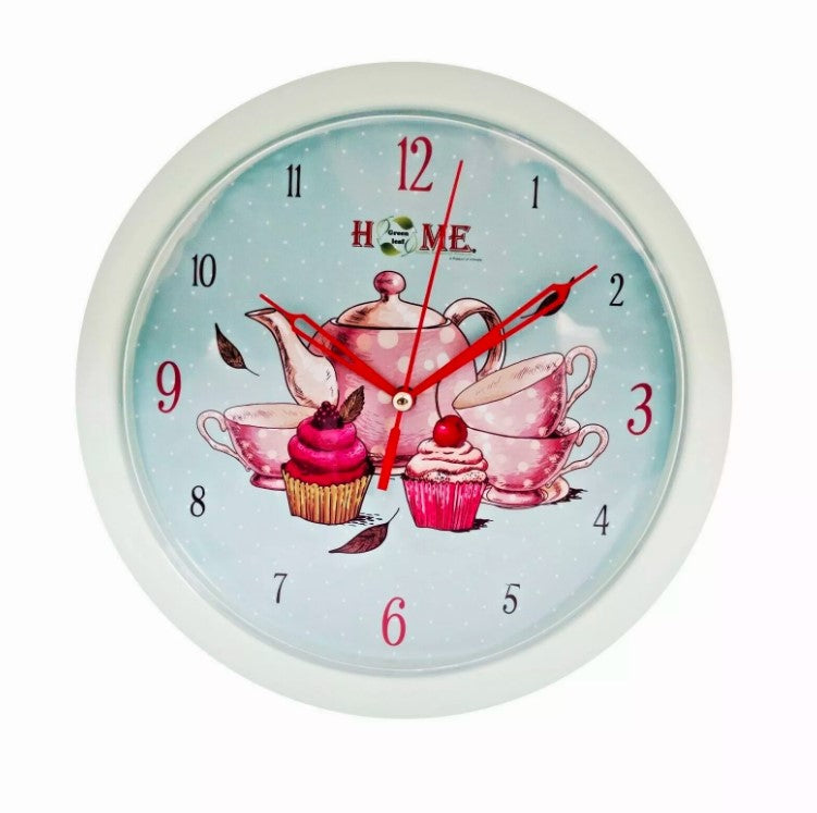 9.6" Kitchen Wall Clock With Tea & Cupcakes Design, Turquoise