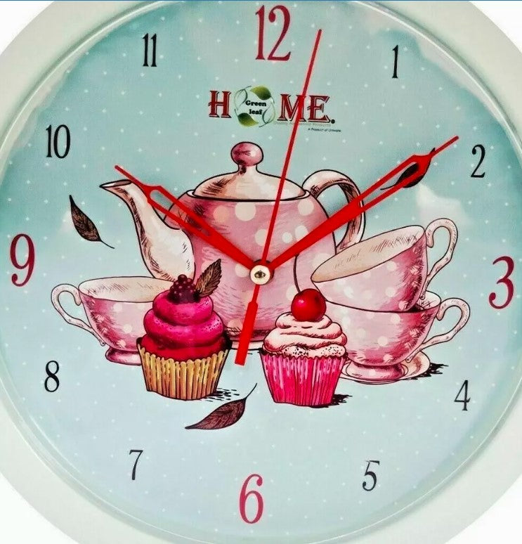 9.6" Kitchen Wall Clock With Tea & Cupcakes Design, Turquoise