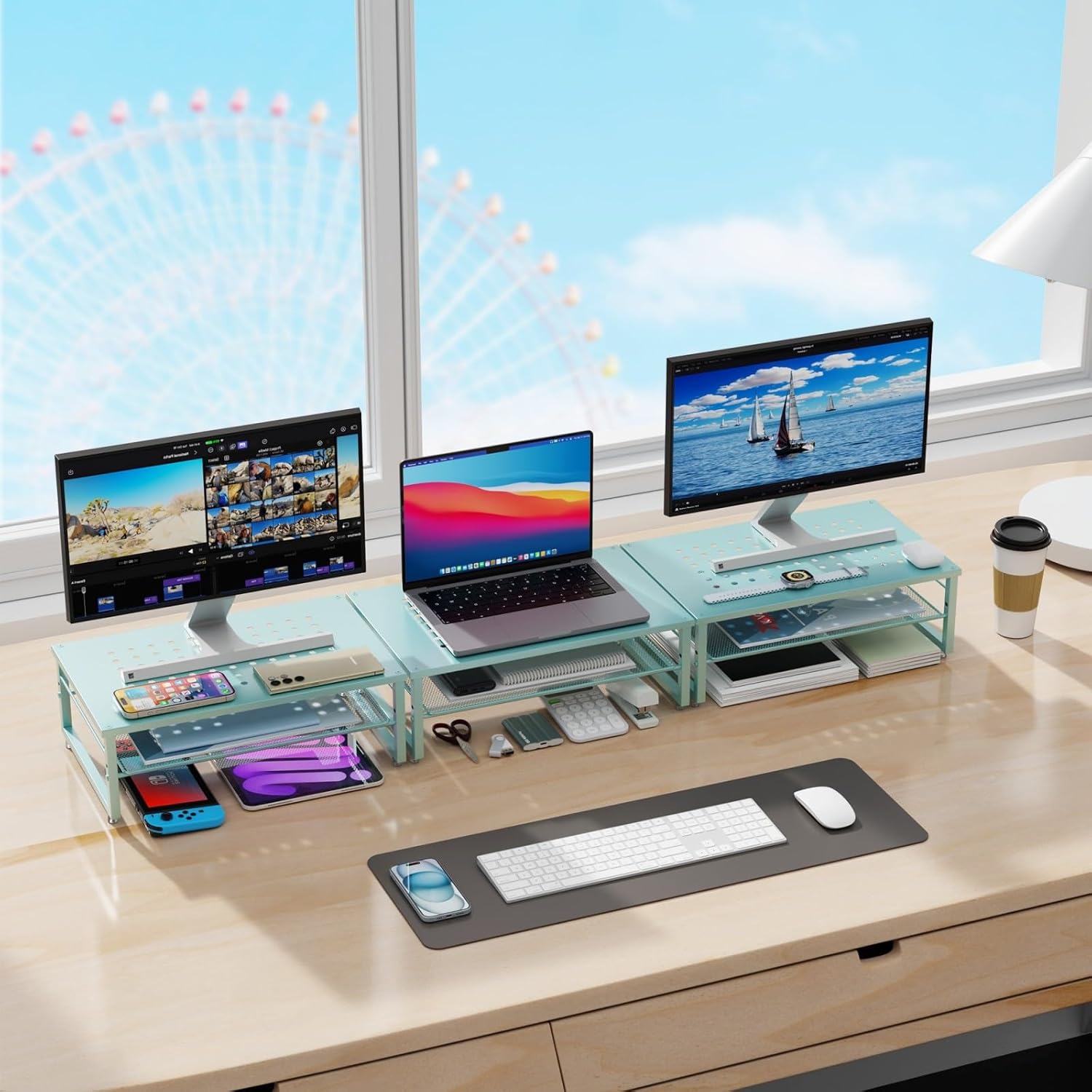 2-Tier Metal Monitor Stand Riser, Desk Organizer for Office Supplies