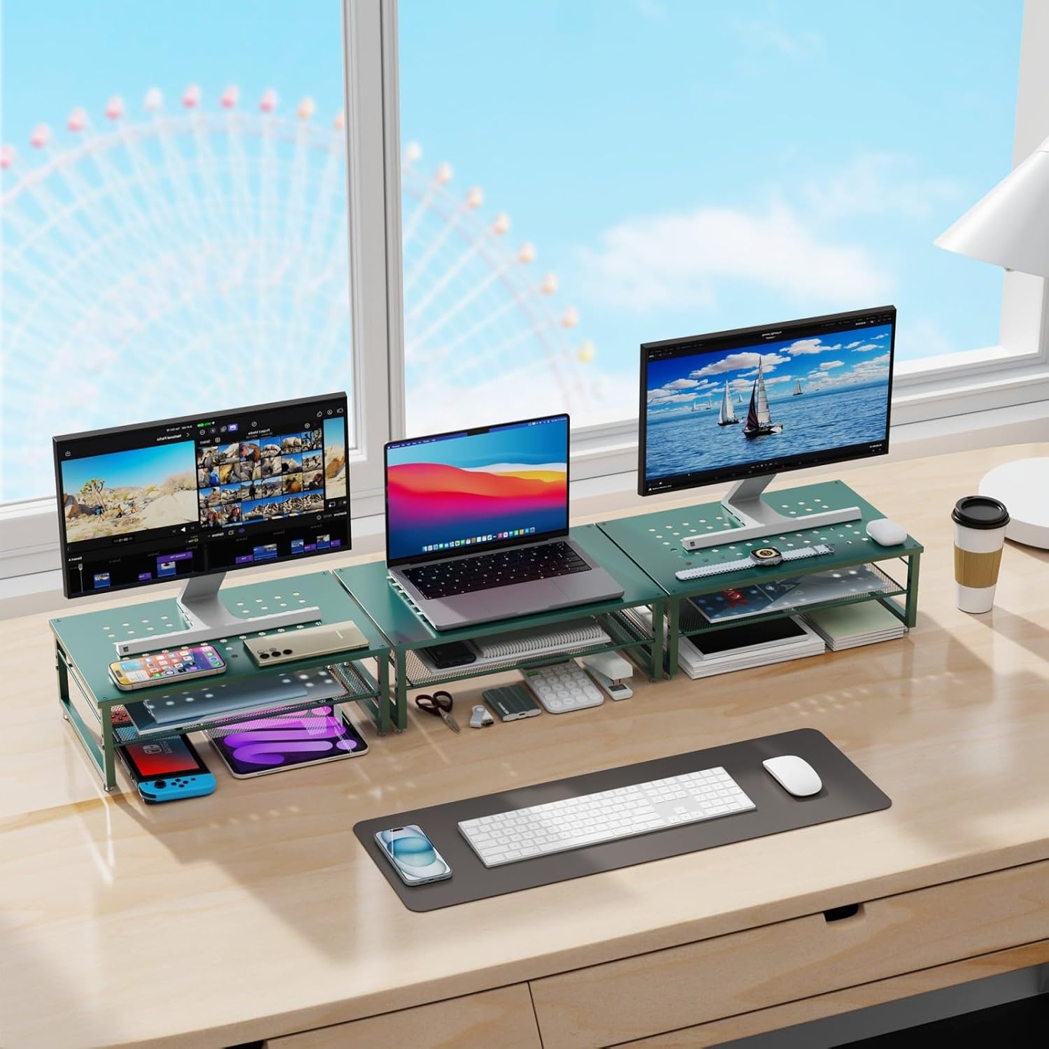 2-Tier Metal Monitor Stand Riser, Desk Organizer for Office Supplies