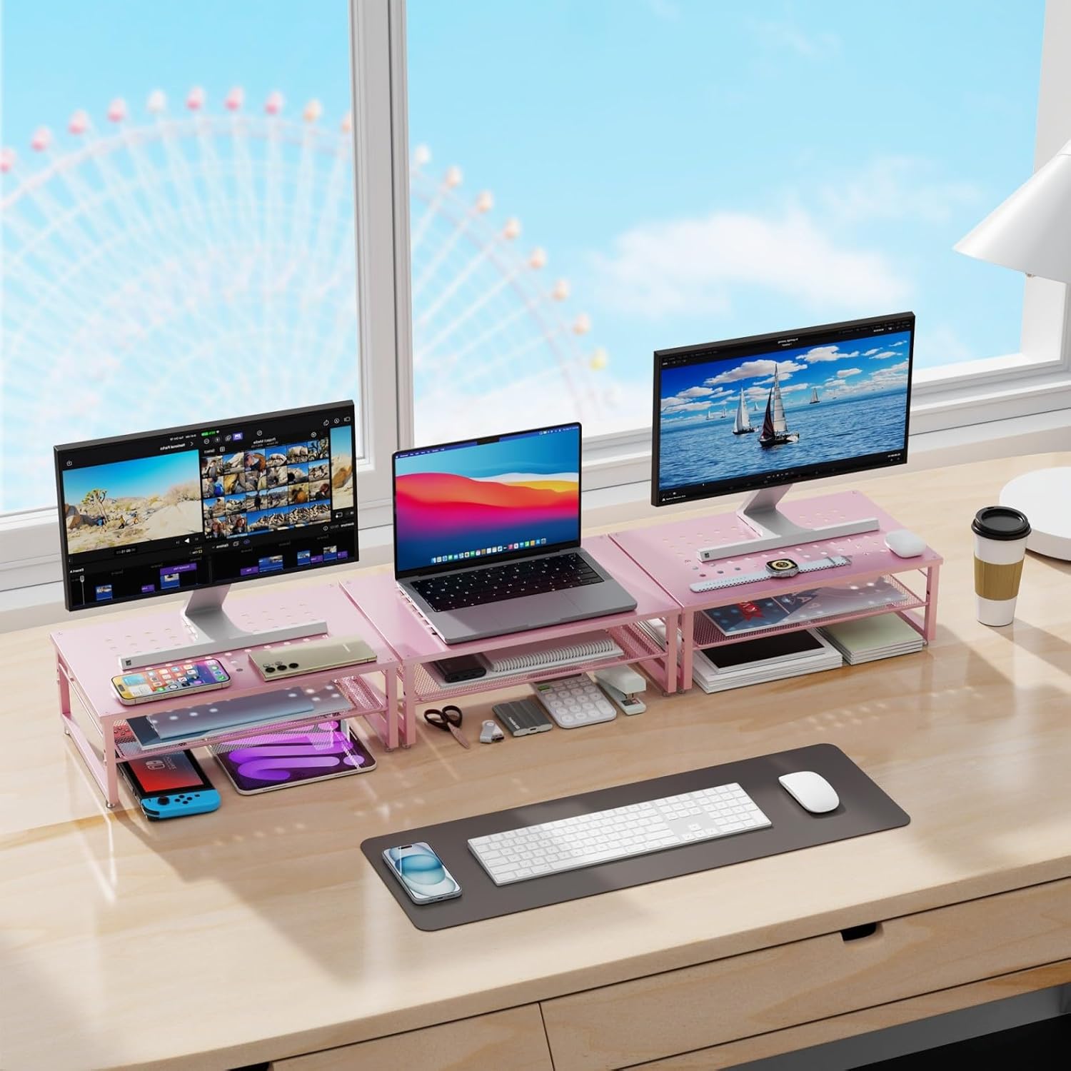 2-Tier Metal Monitor Stand Riser, Desk Organizer for Office Supplies