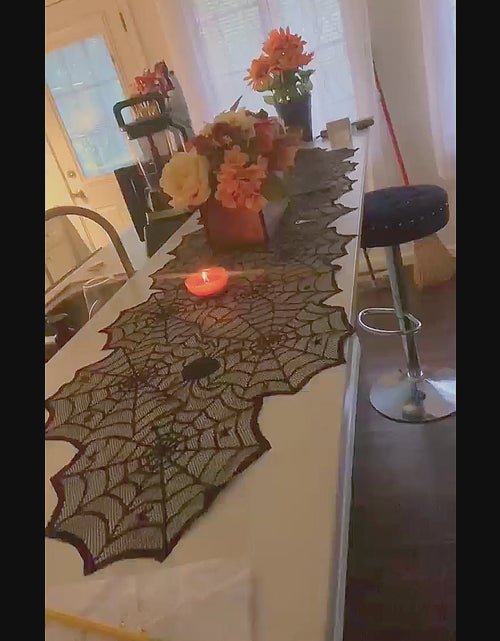Load and play video in Gallery viewer, Black Lace Spider Web Table Runners for Halloween Decor/Party 18 x 72Inch

