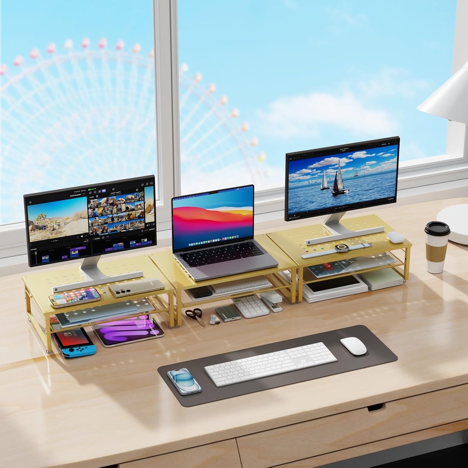 2-Tier Metal Monitor Stand Riser, Desk Organizer for Office Supplies
